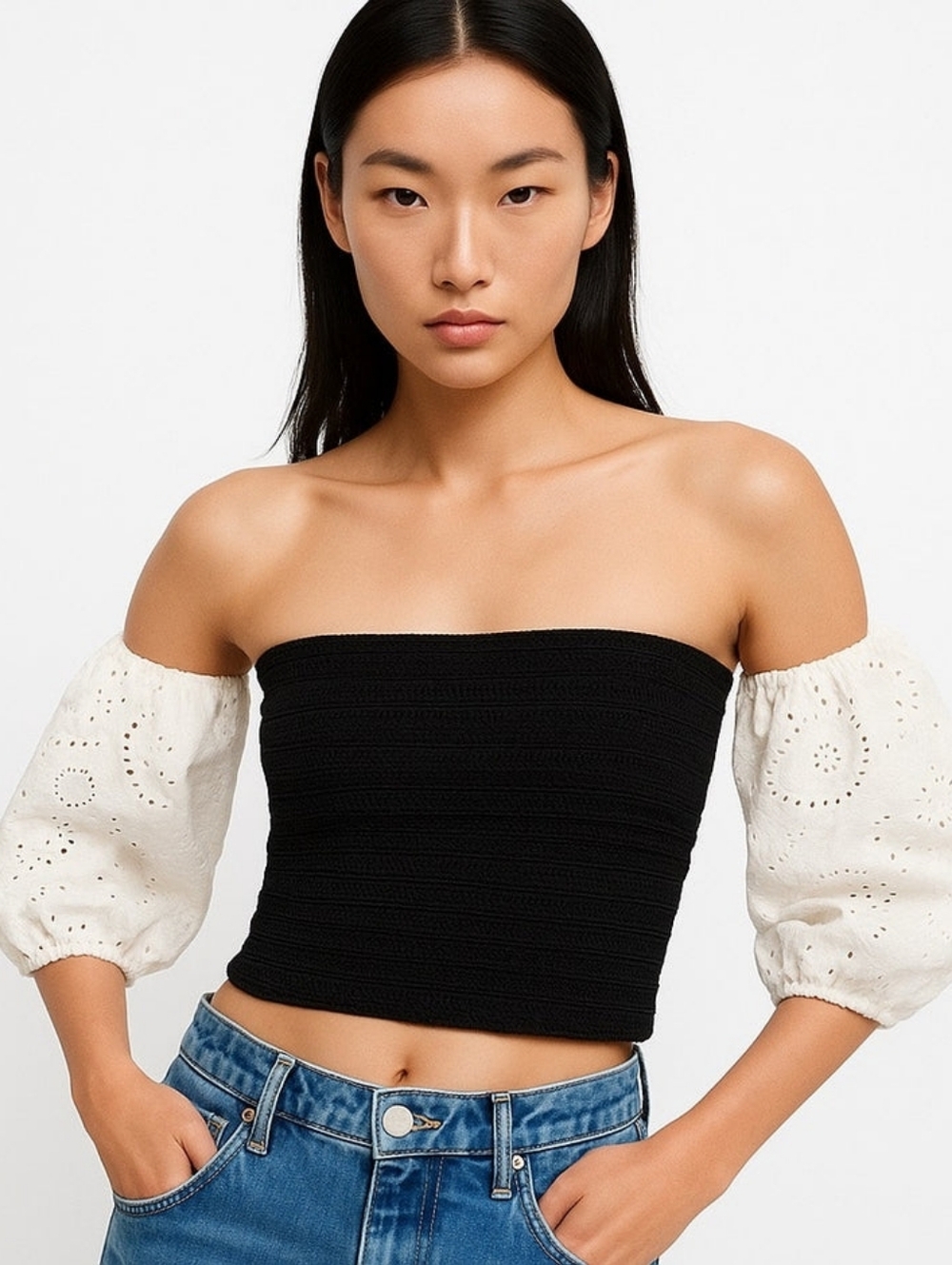 Zara Black White Off the Shoulder Puff Sleeve Bandeau Tube Knit Crop Top Size L